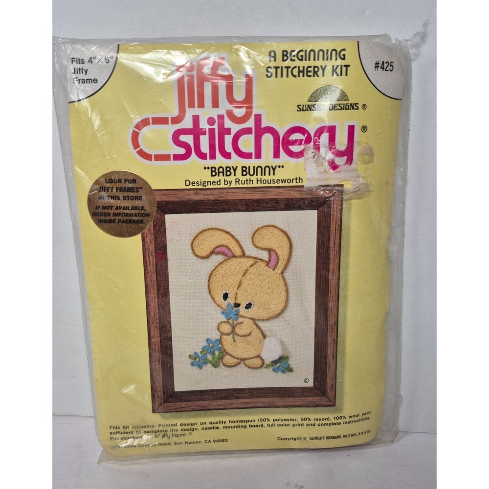Jiffy Stitchery Beginning Embroidery Kit BABY BUNNY Rabbit with Flower 4" x 5"